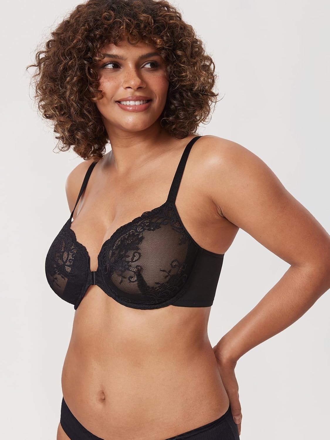 image:imageDELIMIRA Womens Front Closure Lace Underwire Sheer Bras Plus Size Full Coverage Sexy Plunge Unlined BraBlack