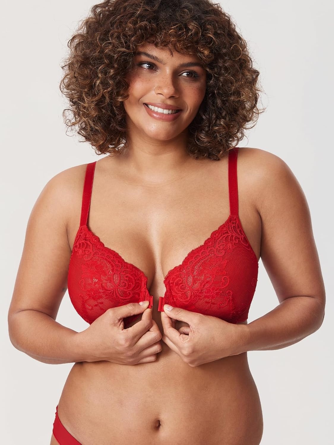 image:imageDELIMIRA Womens Front Closure Lace Underwire Sheer Bras Plus Size Full Coverage Sexy Plunge Unlined BraLipstick Red