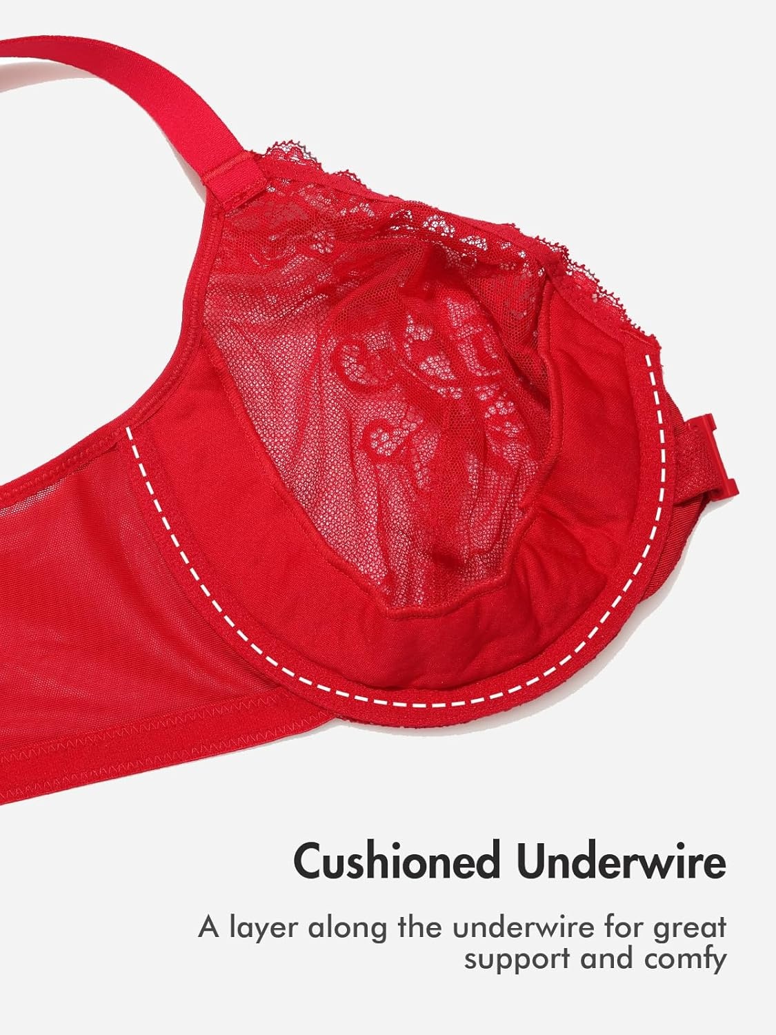 image:imageDELIMIRA Womens Front Closure Lace Underwire Sheer Bras Plus Size Full Coverage Sexy Plunge Unlined BraLipstick Red