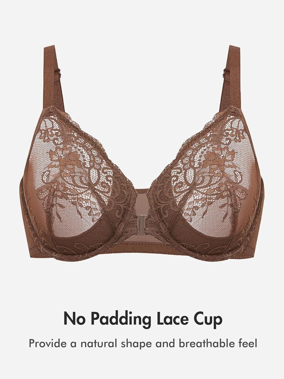 image:imageDELIMIRA Womens Front Closure Lace Underwire Sheer Bras Plus Size Full Coverage Sexy Plunge Unlined BraSandalwood Brown