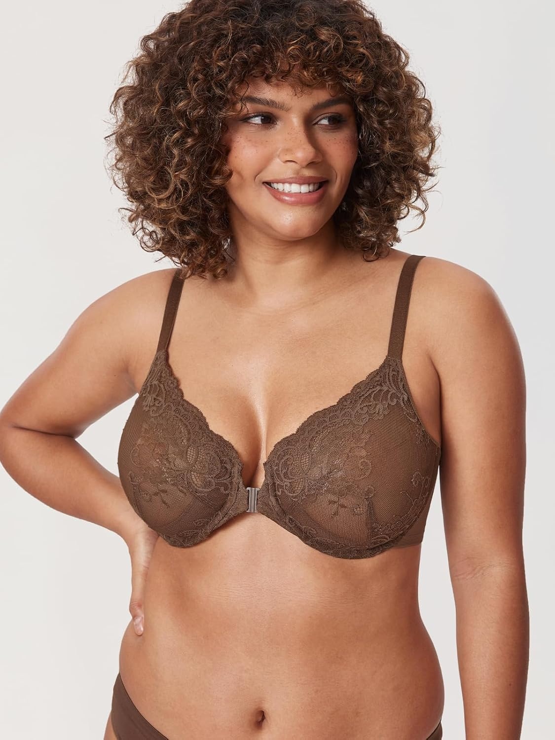 image:imageDELIMIRA Womens Front Closure Lace Underwire Sheer Bras Plus Size Full Coverage Sexy Plunge Unlined BraSandalwood Brown
