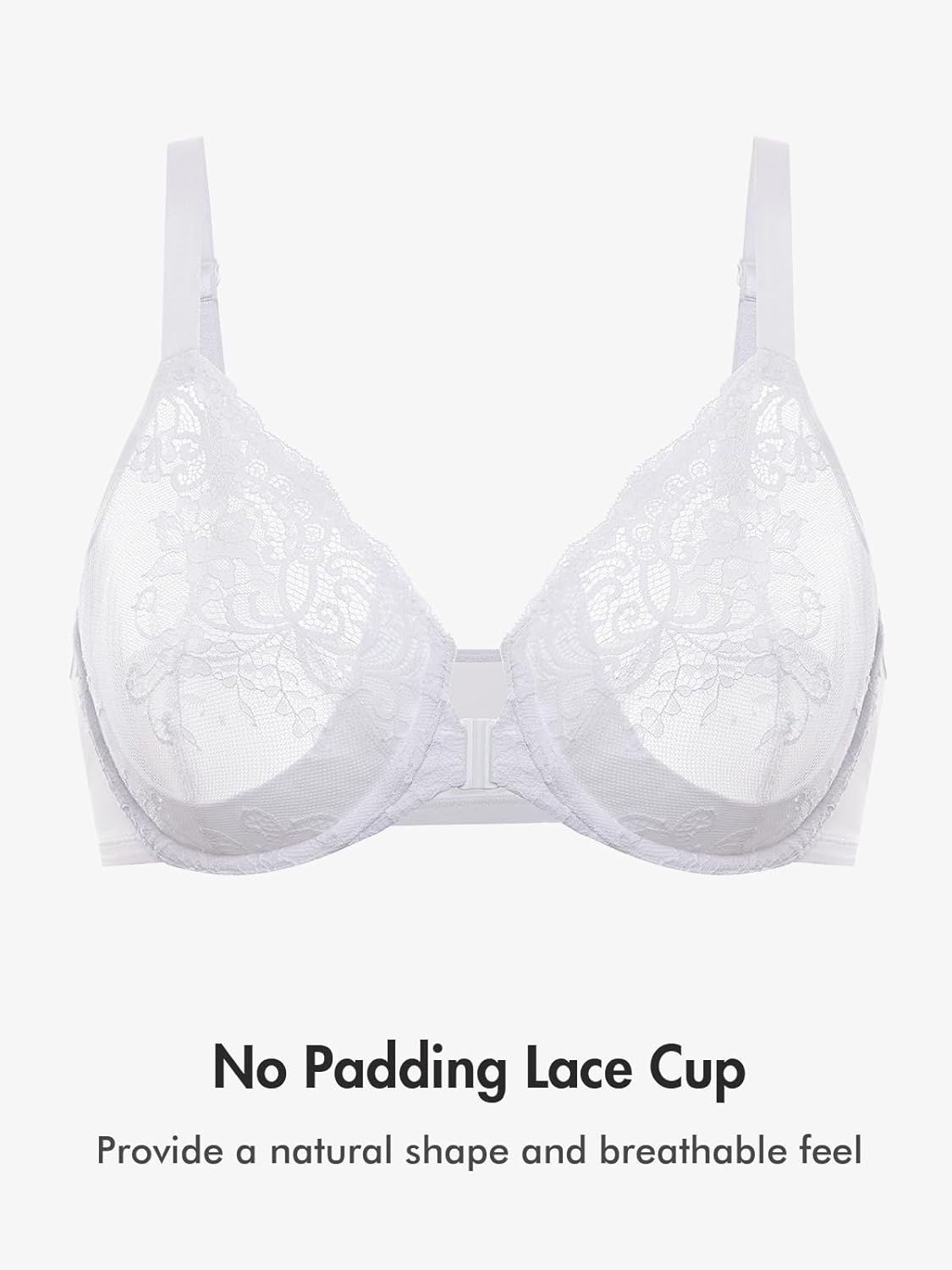 image:imageDELIMIRA Womens Front Closure Lace Underwire Sheer Bras Plus Size Full Coverage Sexy Plunge Unlined BraWhite