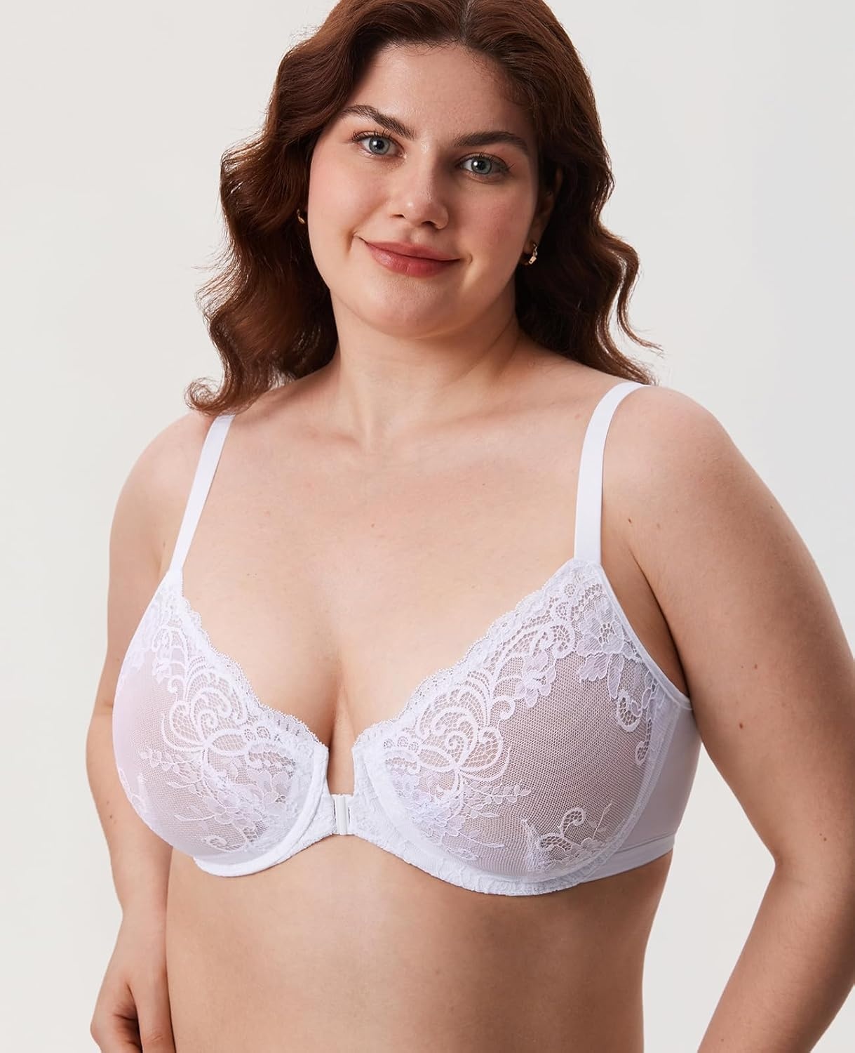 image:imageDELIMIRA Womens Front Closure Lace Underwire Sheer Bras Plus Size Full Coverage Sexy Plunge Unlined BraWhite