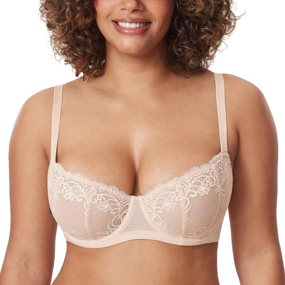 image:imageDELIMIRA Womens Balconette Lace Bra Plus Size Sexy See Through Unlined Underwire BrasBeige