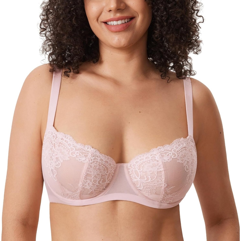 image:imageDELIMIRA Womens Balconette Lace Bra Plus Size Sexy See Through Unlined Underwire BrasGentle Rose