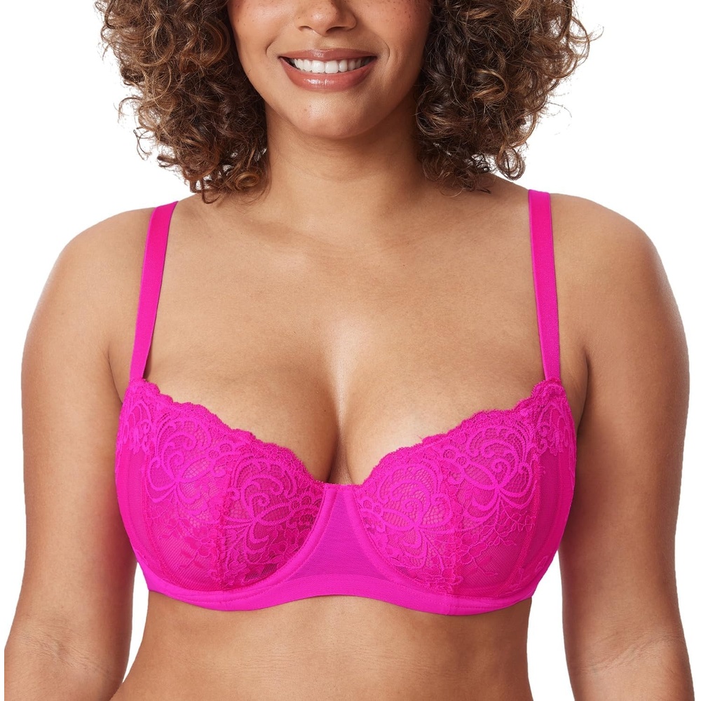 image:imageDELIMIRA Womens Balconette Lace Bra Plus Size Sexy See Through Unlined Underwire BrasGlitter Pink