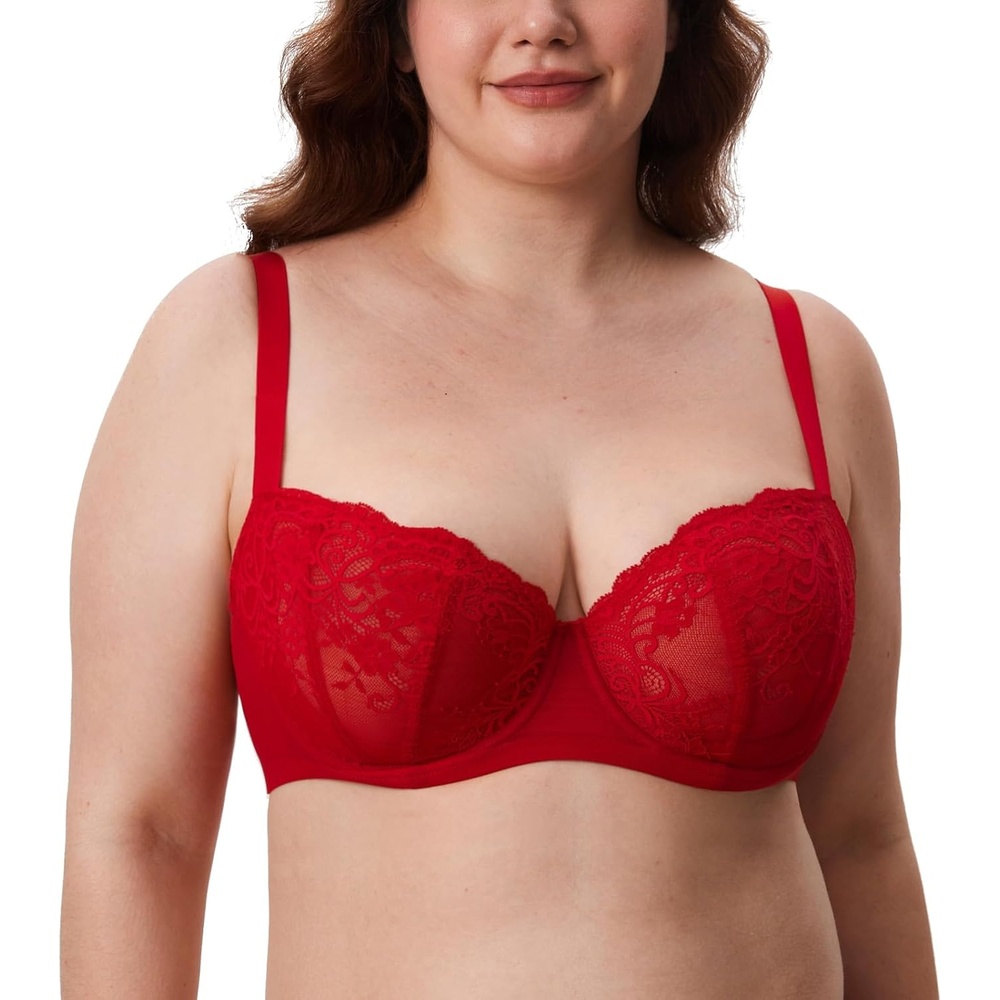 image:imageDELIMIRA Womens Balconette Lace Bra Plus Size Sexy See Through Unlined Underwire BrasLipstick Red