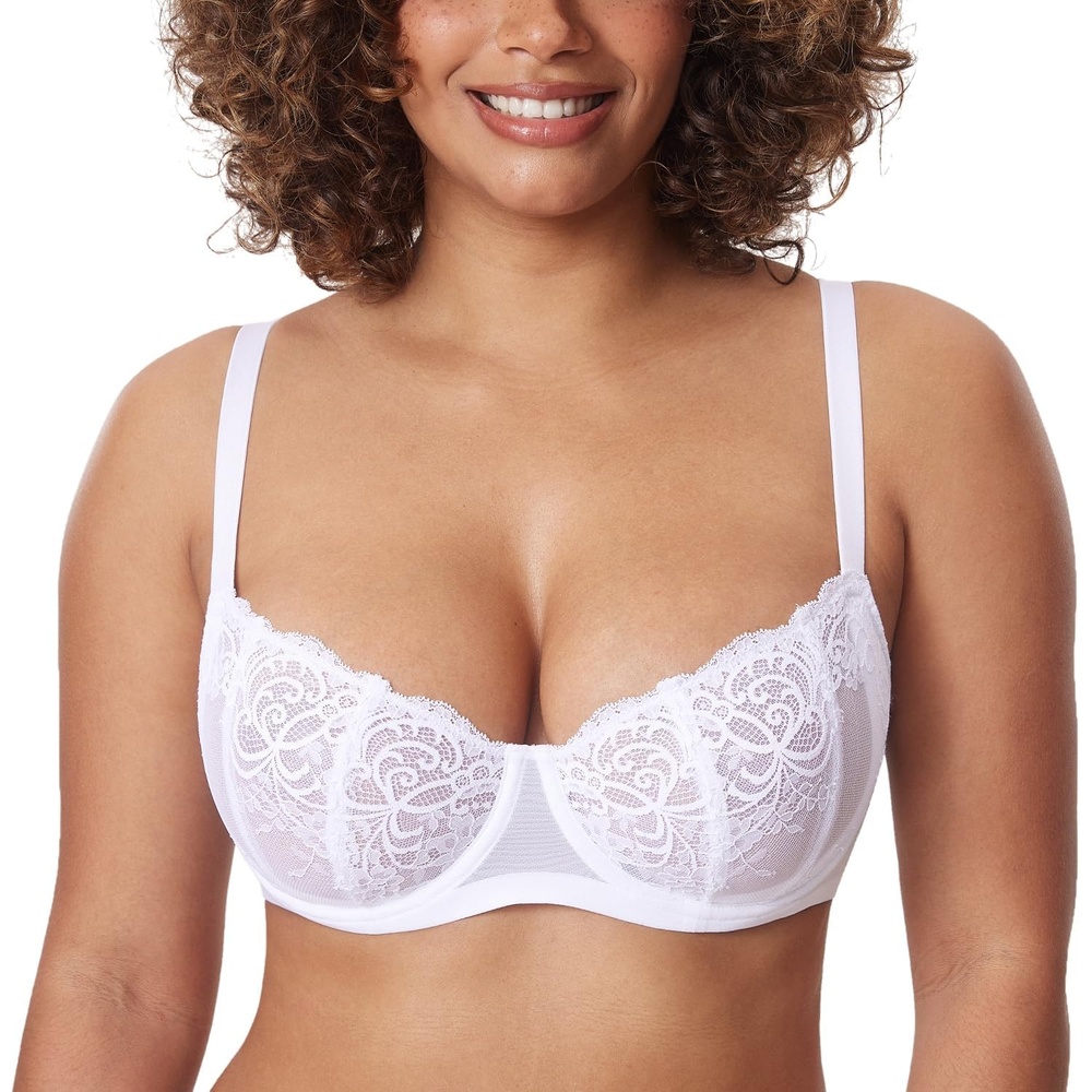 image:imageDELIMIRA Womens Balconette Lace Bra Plus Size Sexy See Through Unlined Underwire BrasWhite