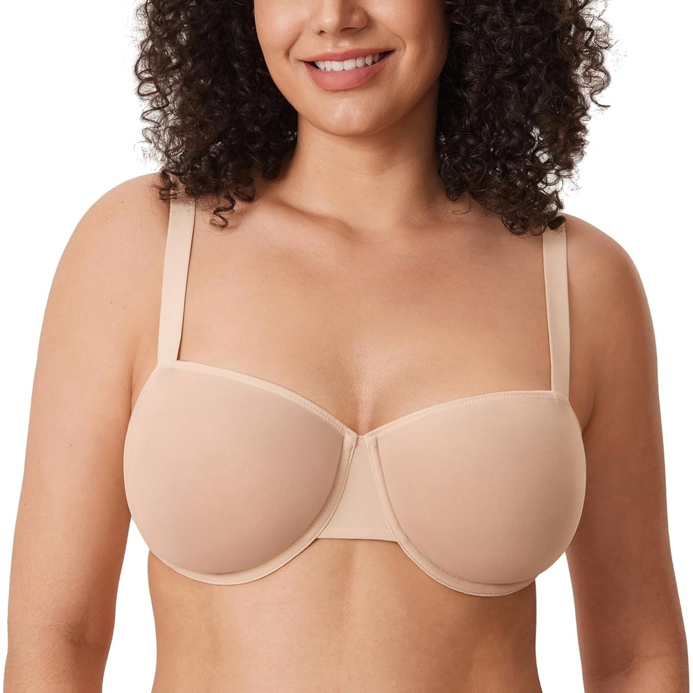 image:imageDELIMIRA Womens Cosnufy Balconette Bra Sheer Mesh Plus Size See Through Underwire Unlined BrasBeige
