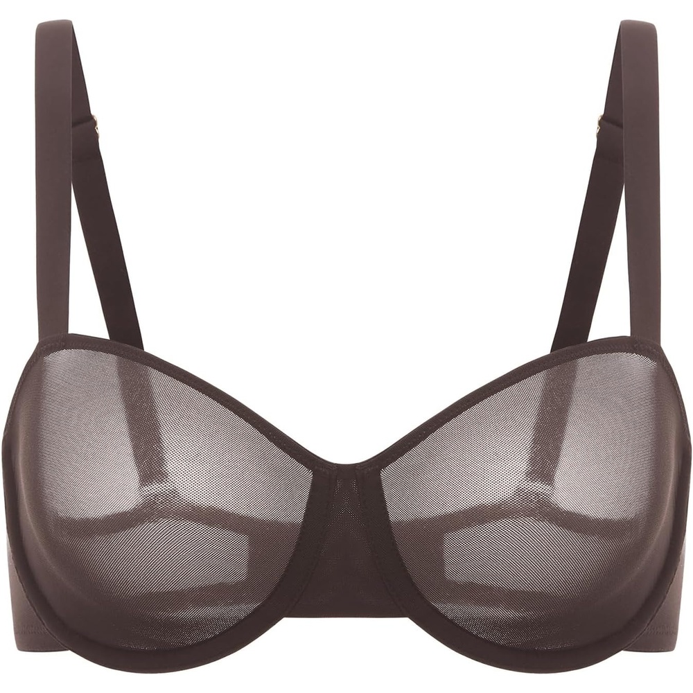 image:imageDELIMIRA Womens Cosnufy Balconette Bra Sheer Mesh Plus Size See Through Underwire Unlined BrasHazelnut