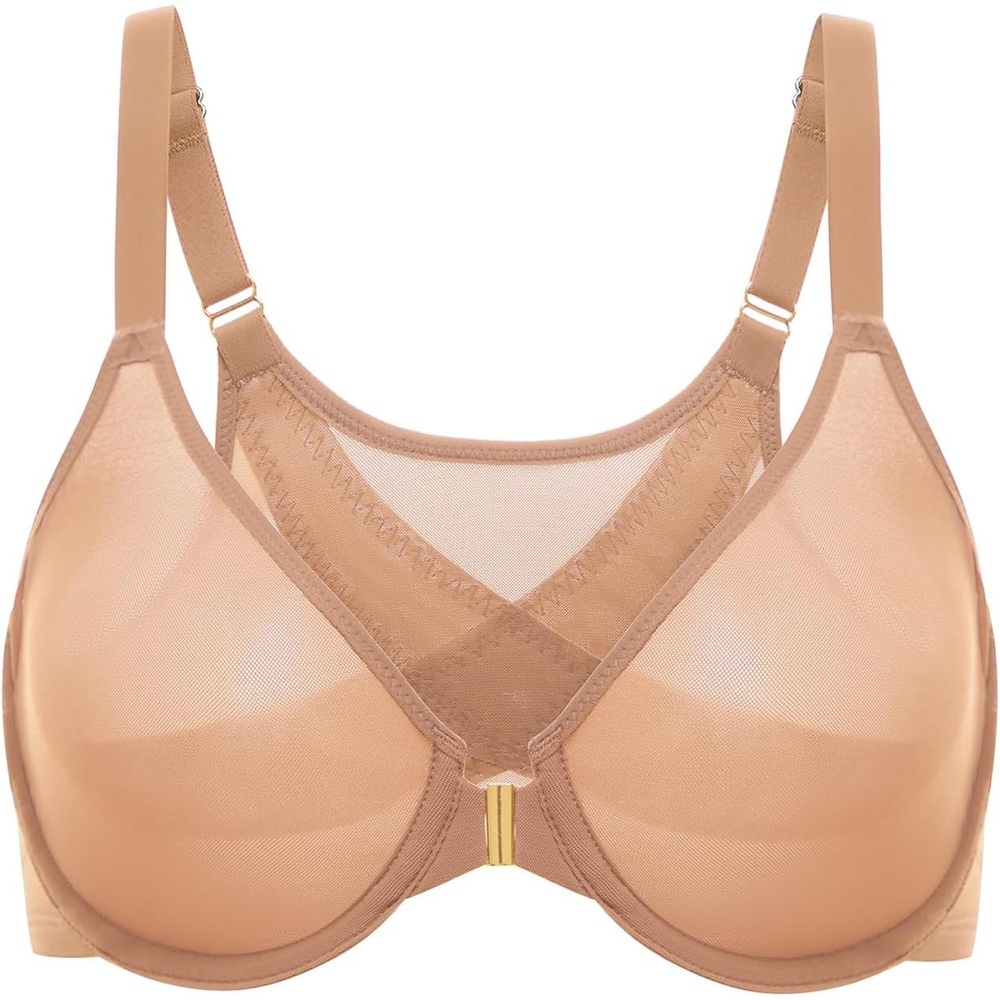 image:imageDELIMIRA Womens Cosnufy Posture Front Closure Bras Sheer Mesh Plus Size Underwire Unlined BraBarely Buff