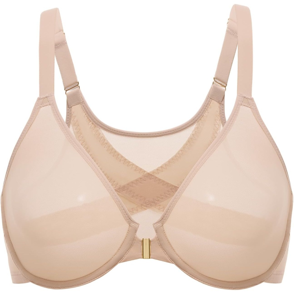 image:imageDELIMIRA Womens Cosnufy Posture Front Closure Bras Sheer Mesh Plus Size Underwire Unlined BraBeige