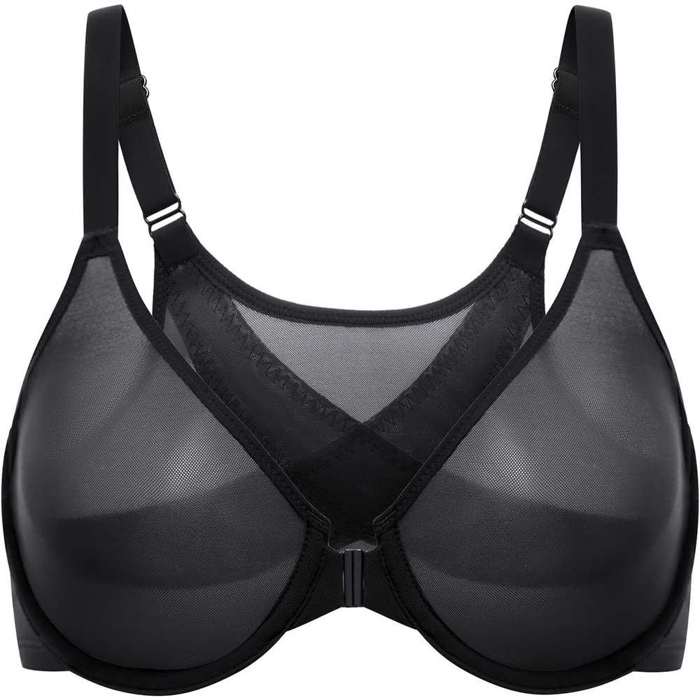 image:imageDELIMIRA Womens Cosnufy Posture Front Closure Bras Sheer Mesh Plus Size Underwire Unlined BraBlack