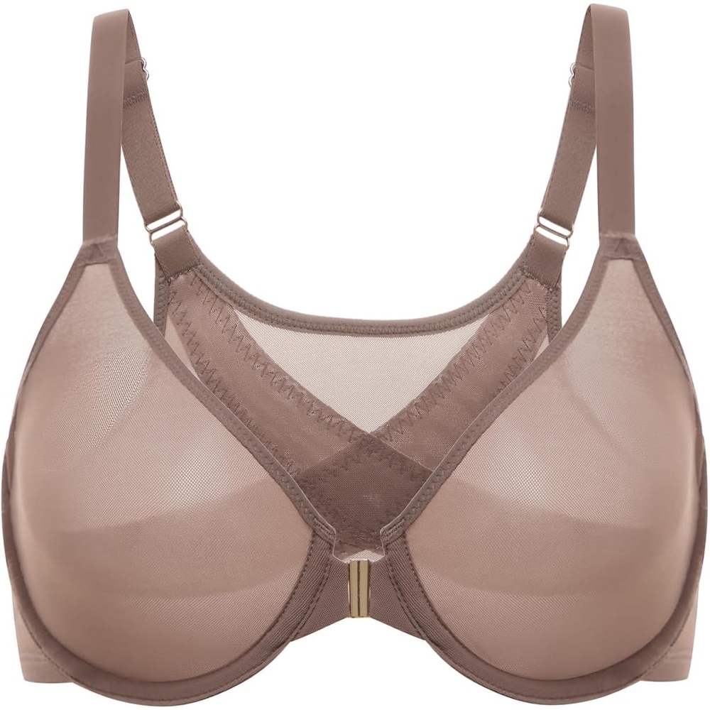 image:imageDELIMIRA Womens Cosnufy Posture Front Closure Bras Sheer Mesh Plus Size Underwire Unlined BraBrown Purple