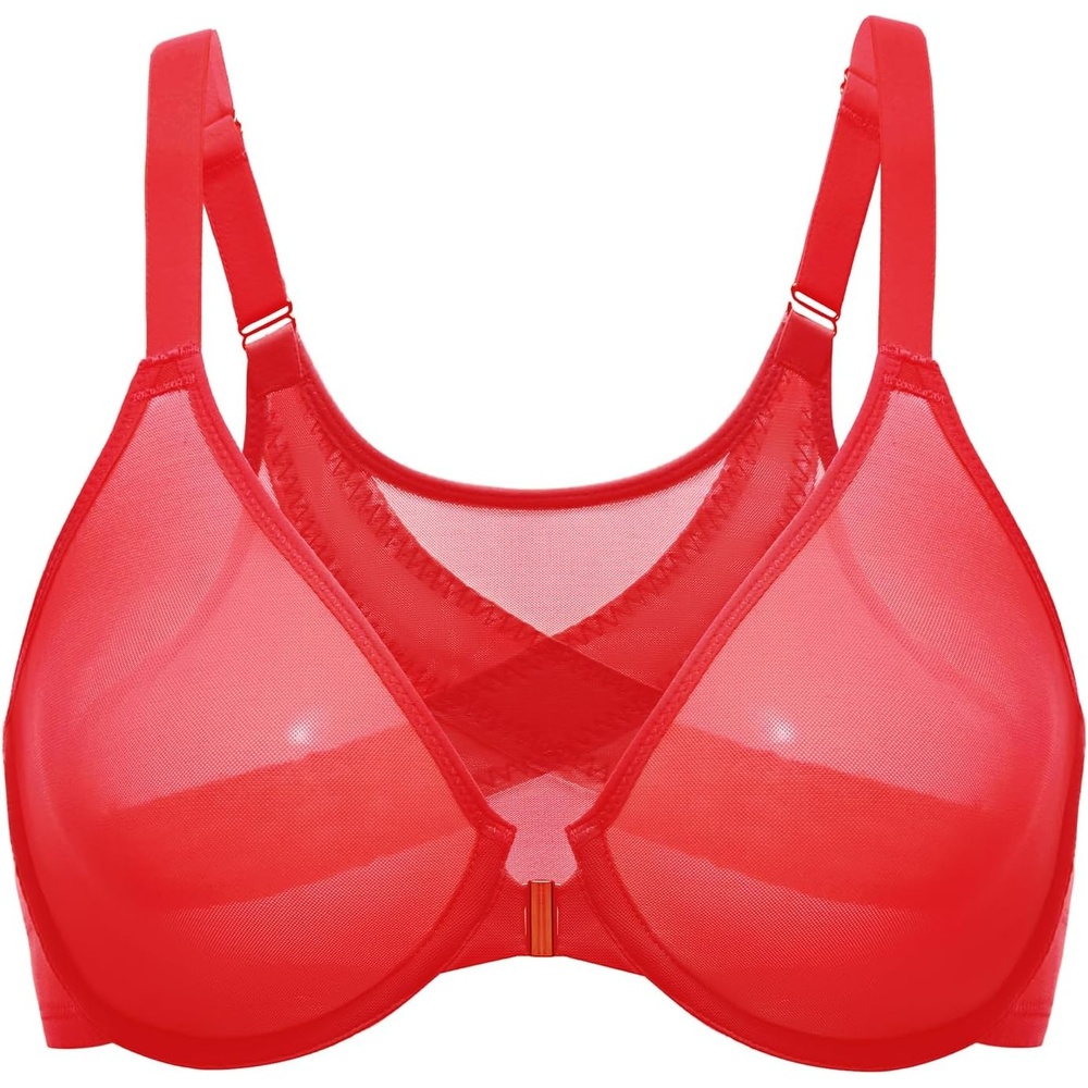 image:imageDELIMIRA Womens Cosnufy Posture Front Closure Bras Sheer Mesh Plus Size Underwire Unlined BraLipstick Red