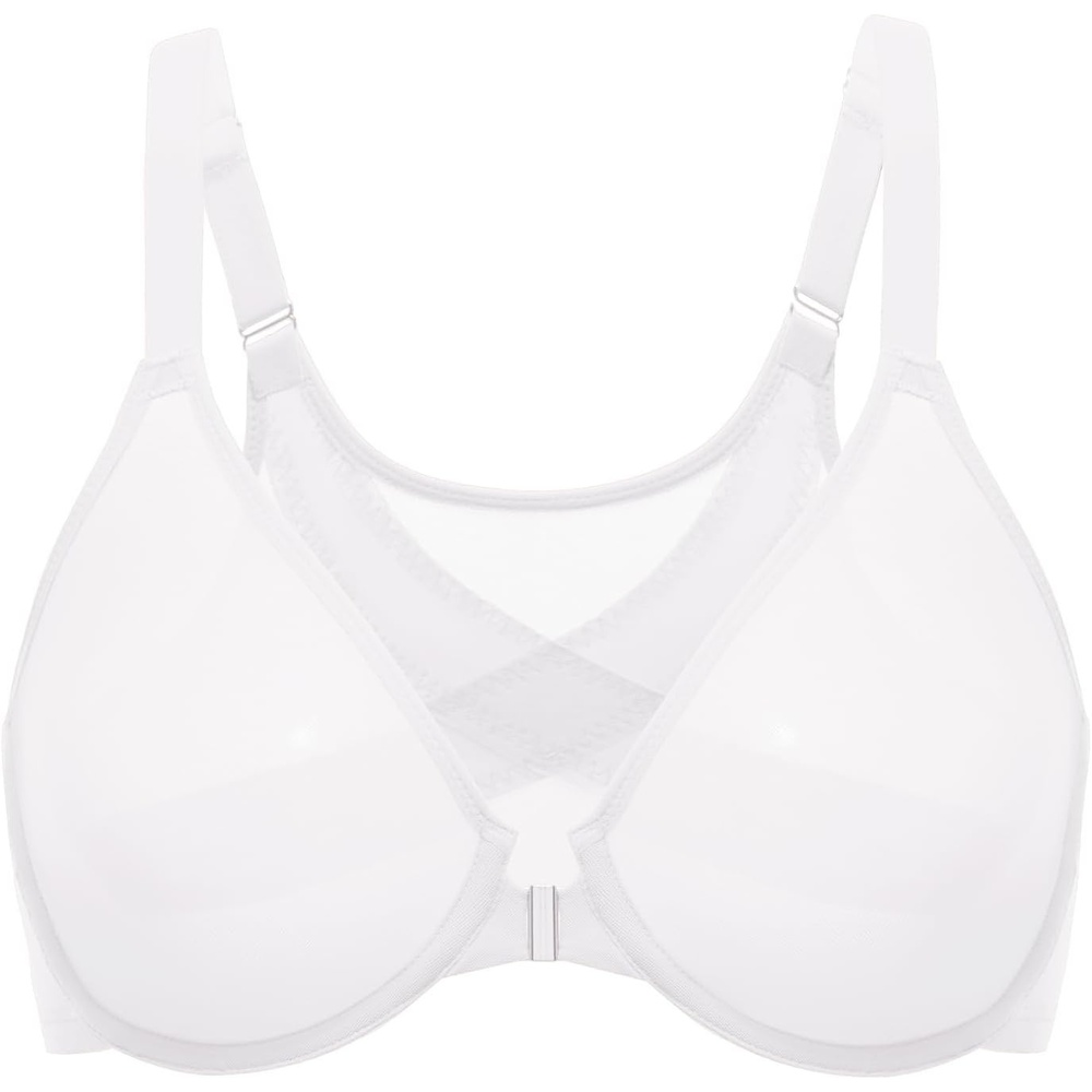 image:imageDELIMIRA Womens Cosnufy Posture Front Closure Bras Sheer Mesh Plus Size Underwire Unlined BraSnow White