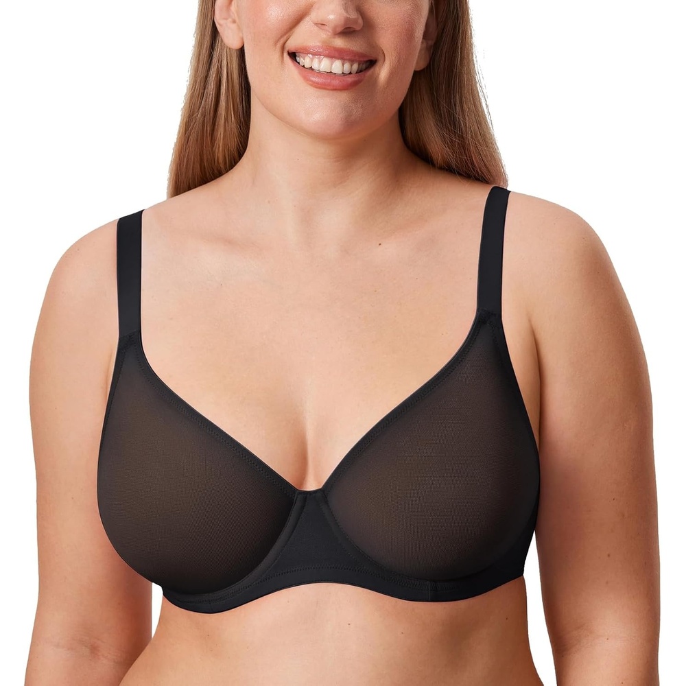 image:imageDELIMIRA Womens Cosnufy Sheer Mesh Bra Full Coverage Plus Size Plunge Unlined Underwire BrasBlack