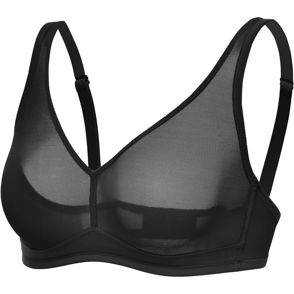 image:imageDELIMIRA Womens Cosnufy Sheer Mesh Bra No Underwire Full Coverage Plus Size Unlined BrasBlack