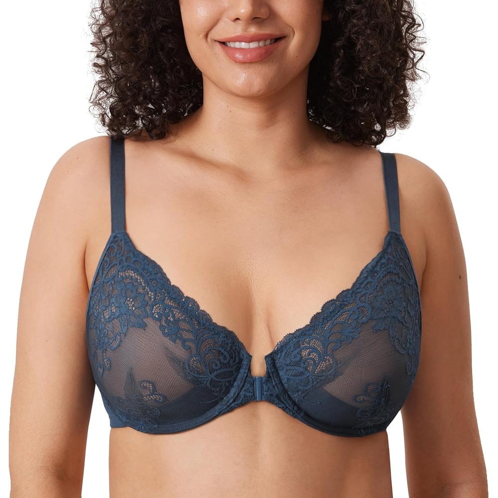 image:imageDELIMIRA Womens Front Closure Lace Underwire Sheer Bras Plus Size Full Coverage Sexy Plunge Unlined BraSargasso