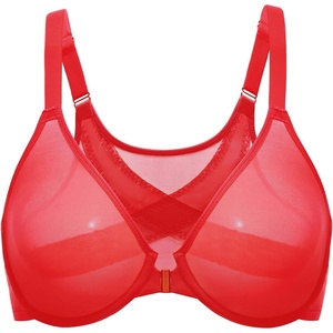 image:imageDELIMIRA Womens Cosnufy Posture Front Closure Bras Sheer Mesh Plus Size Underwire Unlined BraLipstick Red