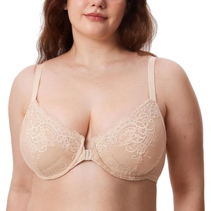 image:imageDELIMIRA Womens Front Closure Lace Underwire Sheer Bras Plus Size Full Coverage Sexy Plunge Unlined BraBeige