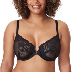 image:imageDELIMIRA Womens Front Closure Lace Underwire Sheer Bras Plus Size Full Coverage Sexy Plunge Unlined BraBlack