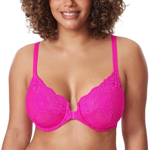 image:imageDELIMIRA Womens Front Closure Lace Underwire Sheer Bras Plus Size Full Coverage Sexy Plunge Unlined BraGlitter Pink