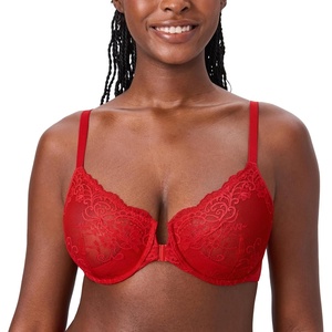 image:imageDELIMIRA Womens Front Closure Lace Underwire Sheer Bras Plus Size Full Coverage Sexy Plunge Unlined BraLipstick Red