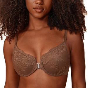 image:imageDELIMIRA Womens Front Closure Lace Underwire Sheer Bras Plus Size Full Coverage Sexy Plunge Unlined BraSandalwood Brown