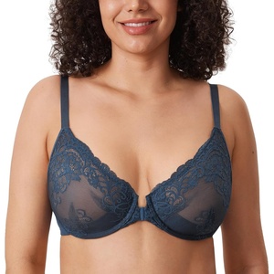 image:imageDELIMIRA Womens Front Closure Lace Underwire Sheer Bras Plus Size Full Coverage Sexy Plunge Unlined BraSargasso