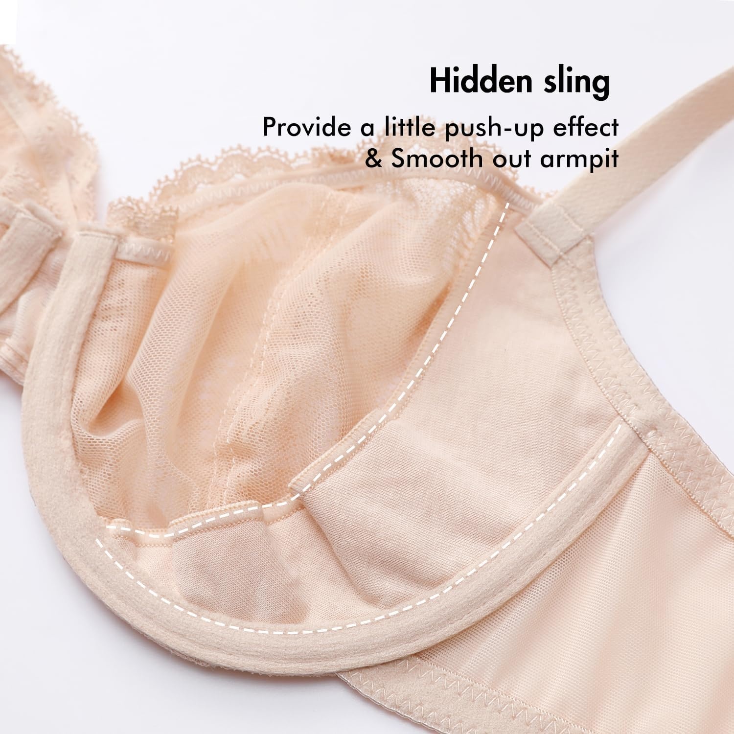 image:imageDELIMIRA Womens Balconette Bra Plus Size Lace Sexy Underwire Unlined Push Up See Through BrasBeige