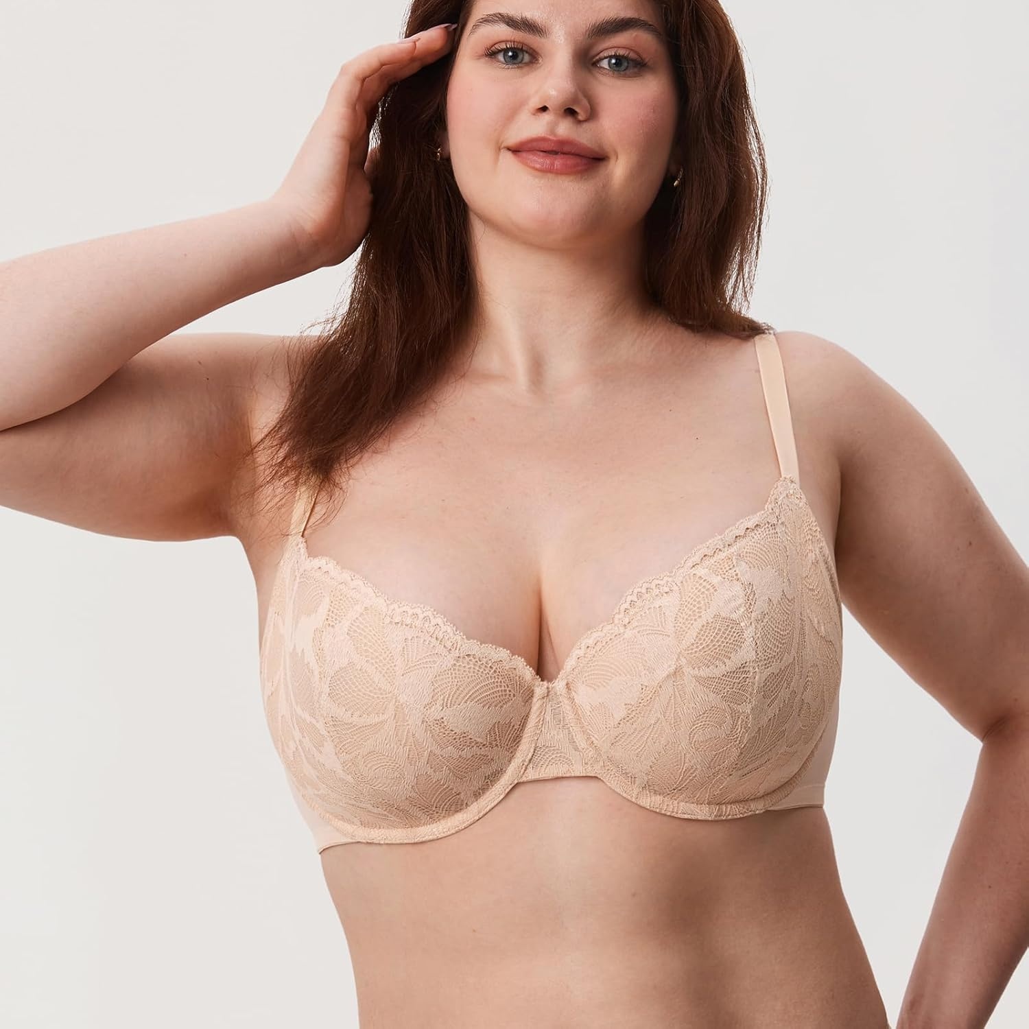 image:imageDELIMIRA Womens Balconette Bra Plus Size Lace Sexy Underwire Unlined Push Up See Through BrasBeige