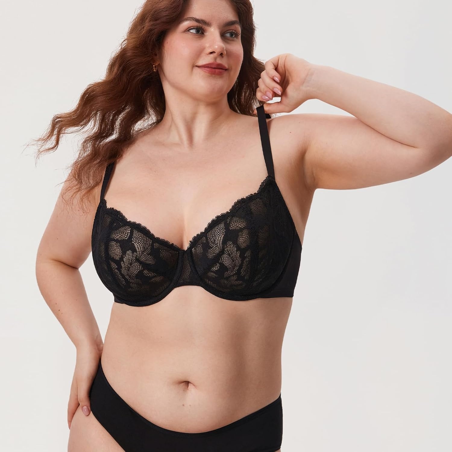 image:imageDELIMIRA Womens Balconette Bra Plus Size Lace Sexy Underwire Unlined Push Up See Through BrasBlack
