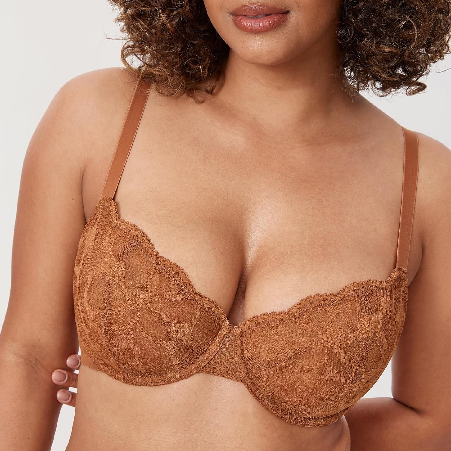 image:imageDELIMIRA Womens Balconette Bra Plus Size Lace Sexy Underwire Unlined Push Up See Through BrasBronze Beige