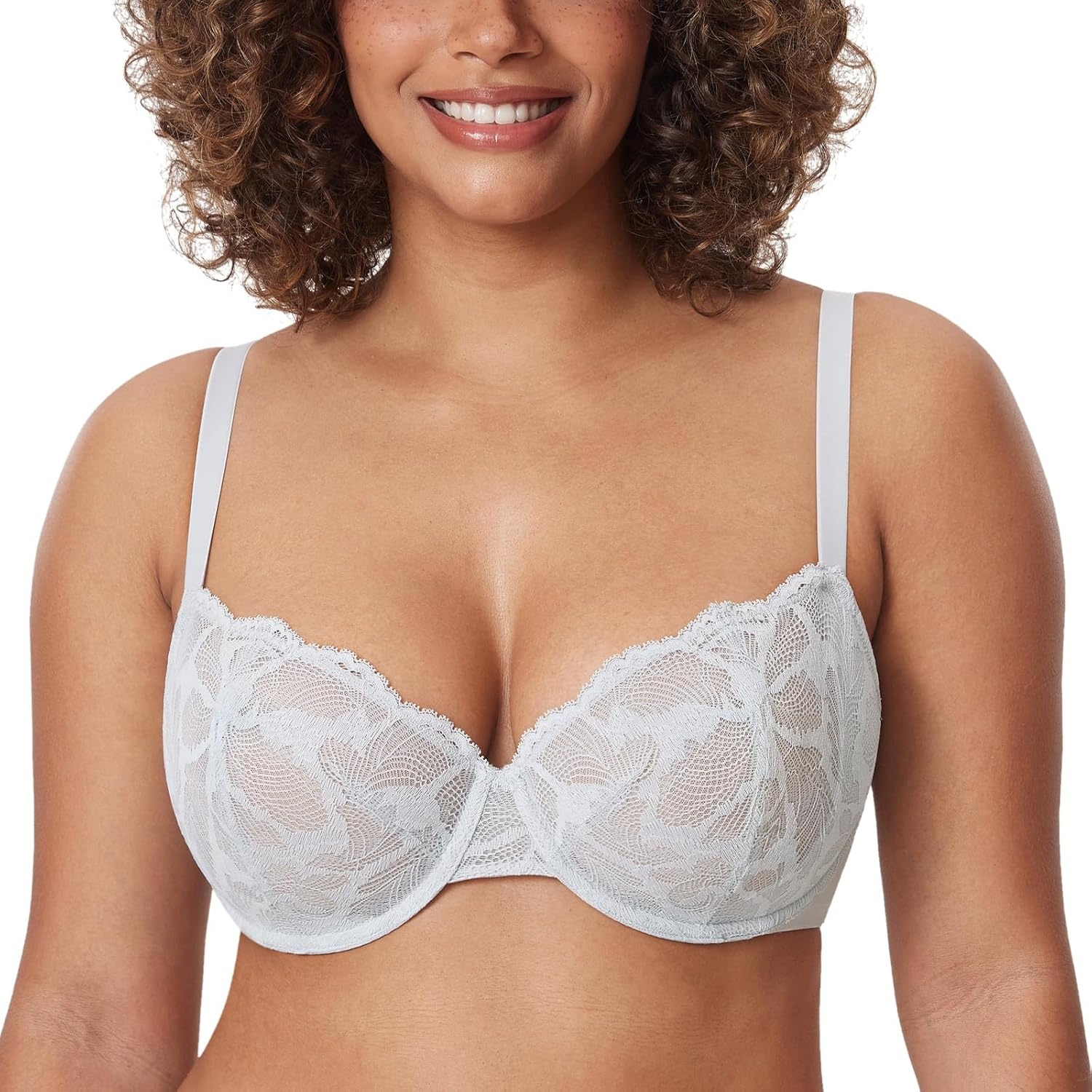 image:imageDELIMIRA Womens Balconette Bra Plus Size Lace Sexy Underwire Unlined Push Up See Through BrasFrench Gray
