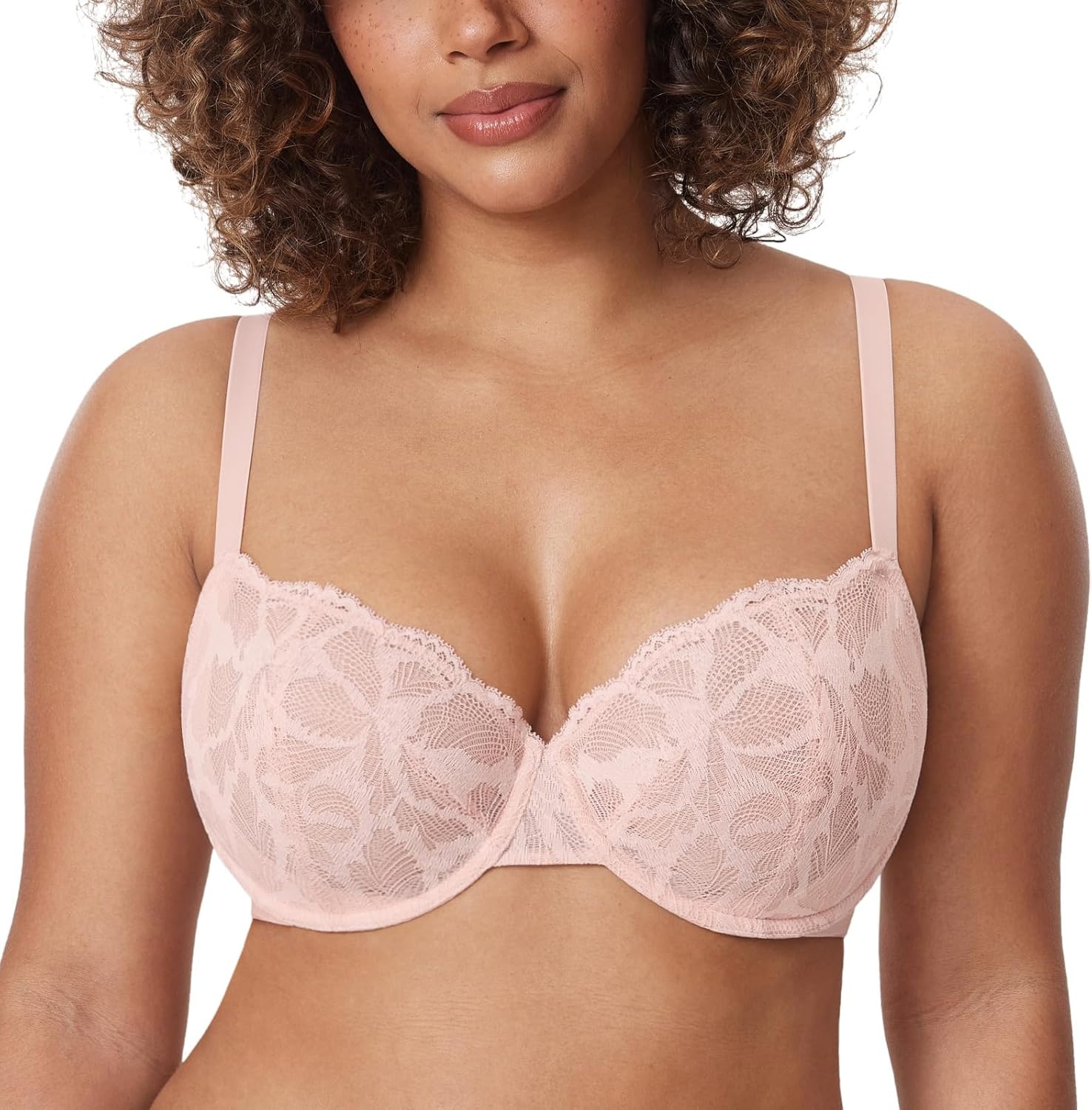 image:imageDELIMIRA Womens Balconette Bra Plus Size Lace Sexy Underwire Unlined Push Up See Through BrasGentle Rose