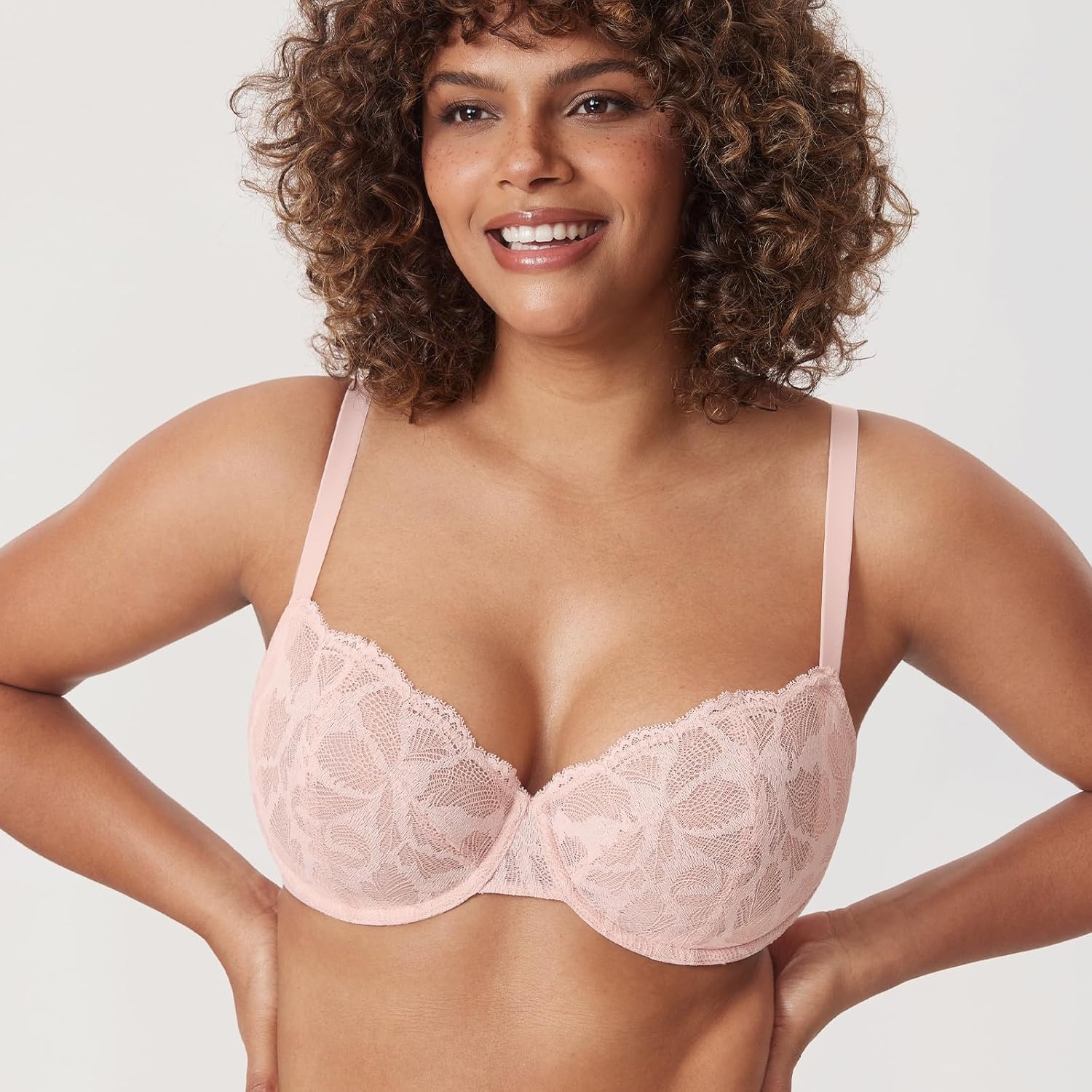 image:imageDELIMIRA Womens Balconette Bra Plus Size Lace Sexy Underwire Unlined Push Up See Through BrasGentle Rose