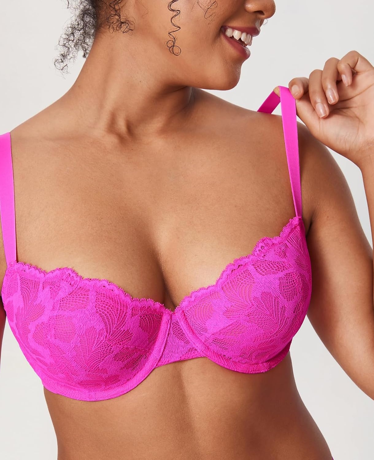 image:imageDELIMIRA Womens Balconette Bra Plus Size Lace Sexy Underwire Unlined Push Up See Through BrasGlitter Rose