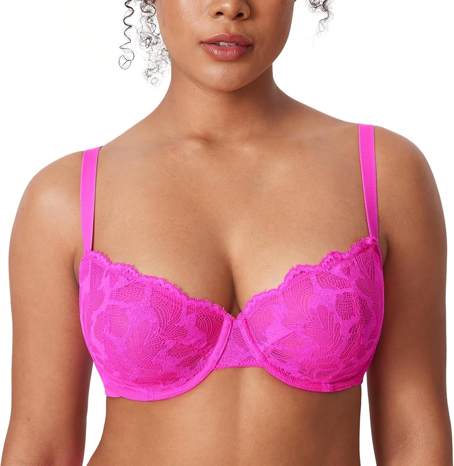 image:imageDELIMIRA Womens Balconette Bra Plus Size Lace Sexy Underwire Unlined Push Up See Through BrasGlitter Rose