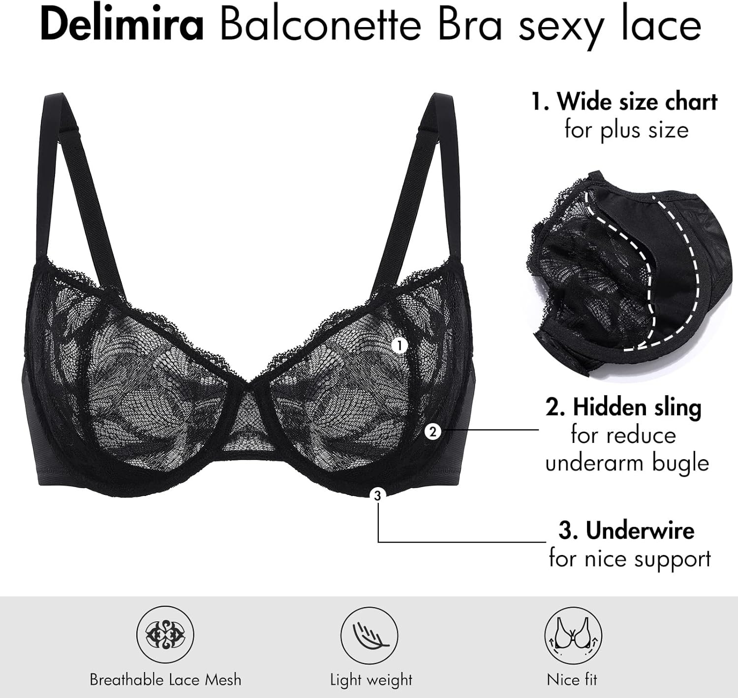 image:imageDELIMIRA Womens Balconette Bra Plus Size Lace Sexy Underwire Unlined Push Up See Through BrasLipstick Red