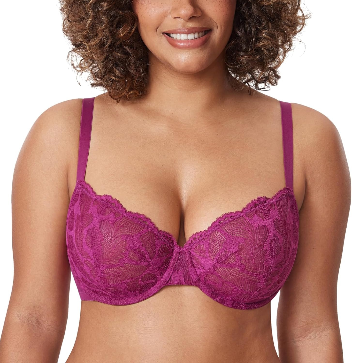 image:imageDELIMIRA Womens Balconette Bra Plus Size Lace Sexy Underwire Unlined Push Up See Through BrasMagenta Purple