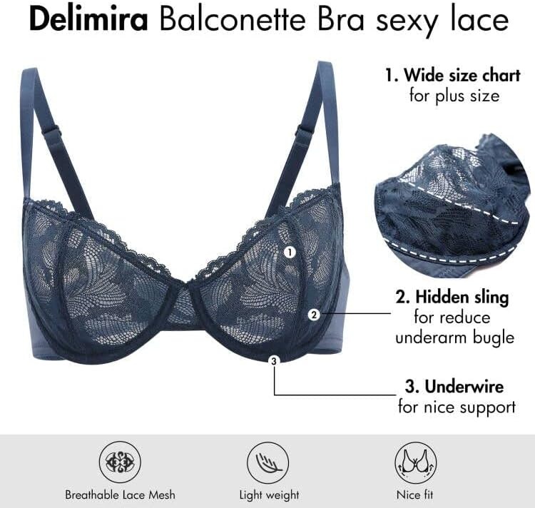 image:imageDELIMIRA Womens Balconette Bra Plus Size Lace Sexy Underwire Unlined Push Up See Through BrasSargasso