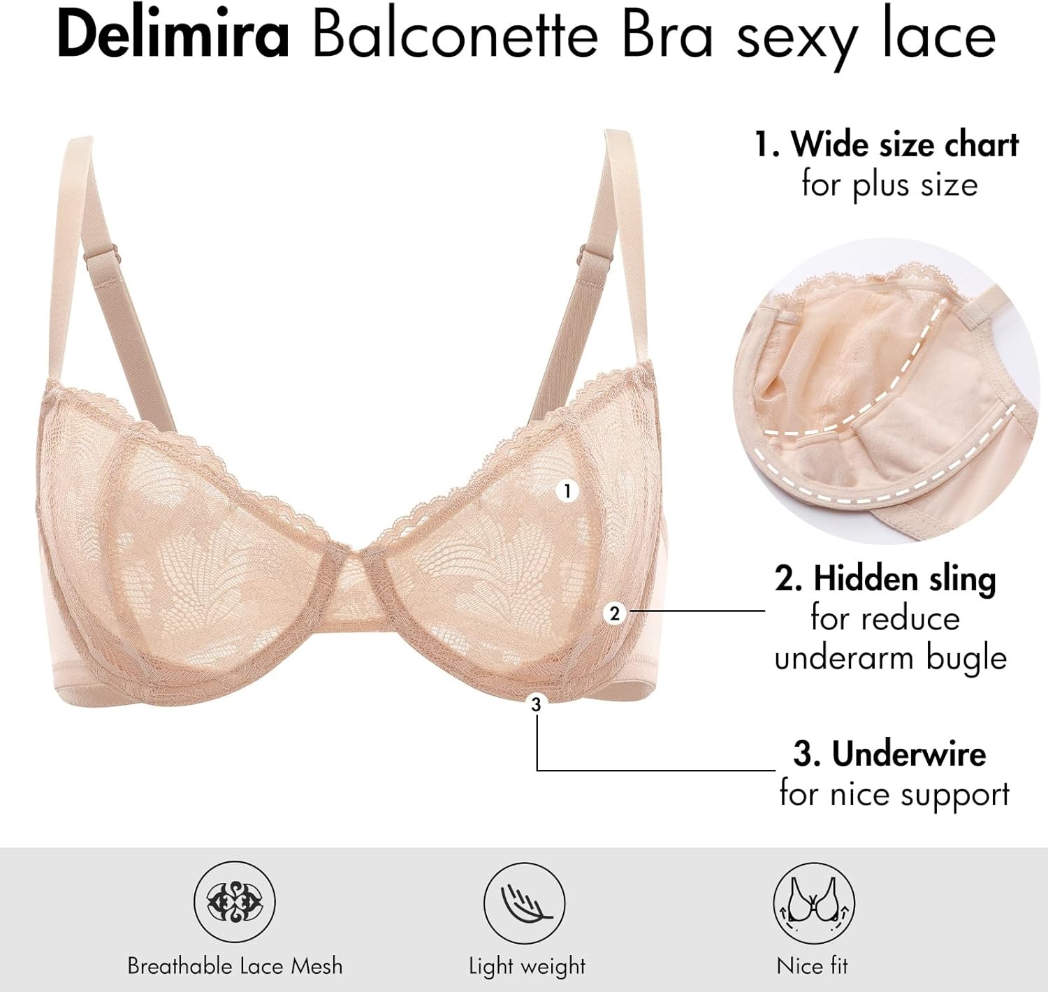 image:imageDELIMIRA Womens Balconette Bra Plus Size Lace Sexy Underwire Unlined Push Up See Through BrasWhite