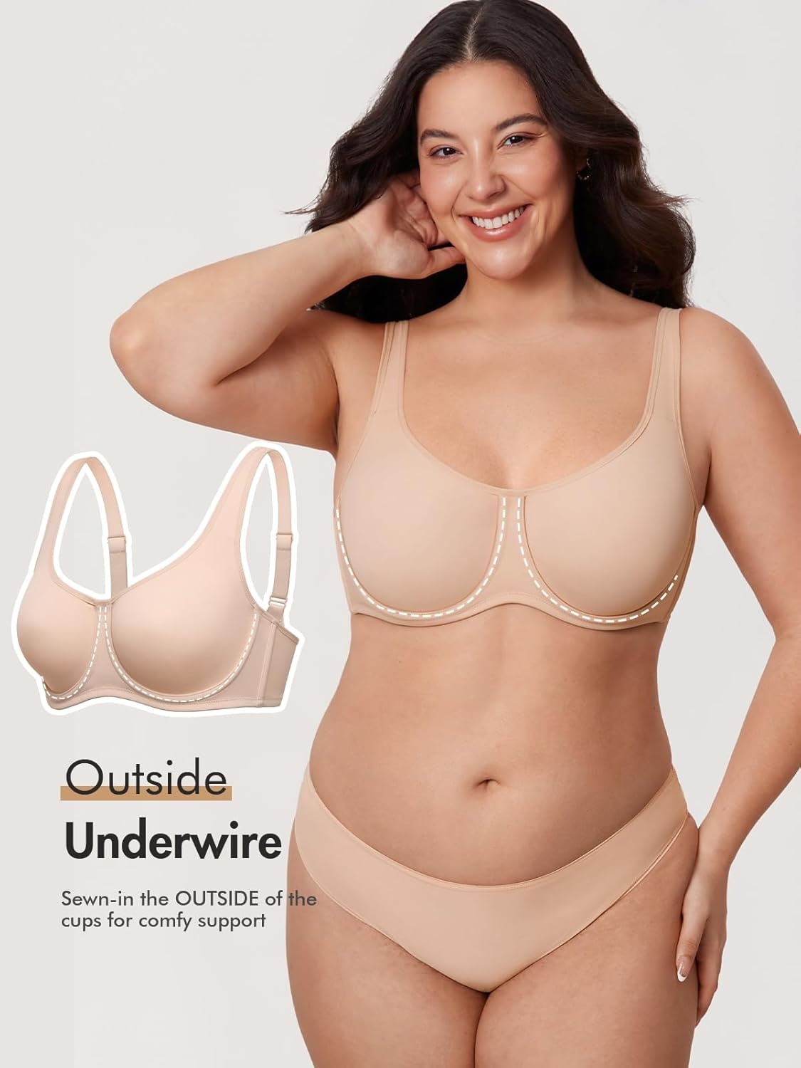 image:imageDELIMIRA Womens Confishape Full Coverage Bra Plus Size T Shirt Supportive Underwire Unlined Comfortable BrasBeige Unlined