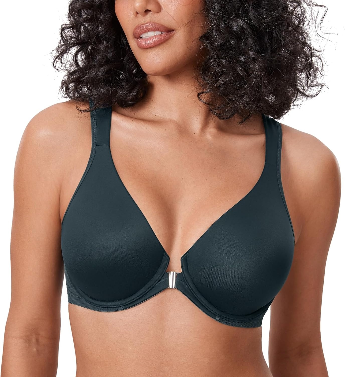 image:imageDELIMIRA Womens Front Closure Bras Posture Full Coverage Plus Size Underwire Unlined Back Support Plunge Seamless Bra BHForest Dark Green