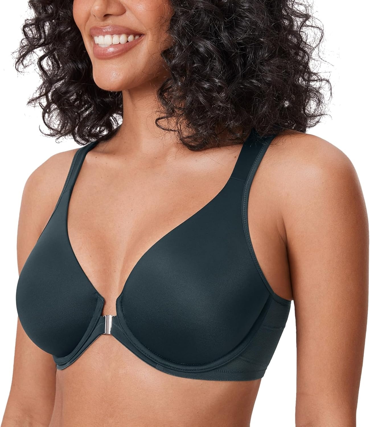 image:imageDELIMIRA Womens Front Closure Bras Posture Full Coverage Plus Size Underwire Unlined Back Support Plunge Seamless Bra BHForest Dark Green