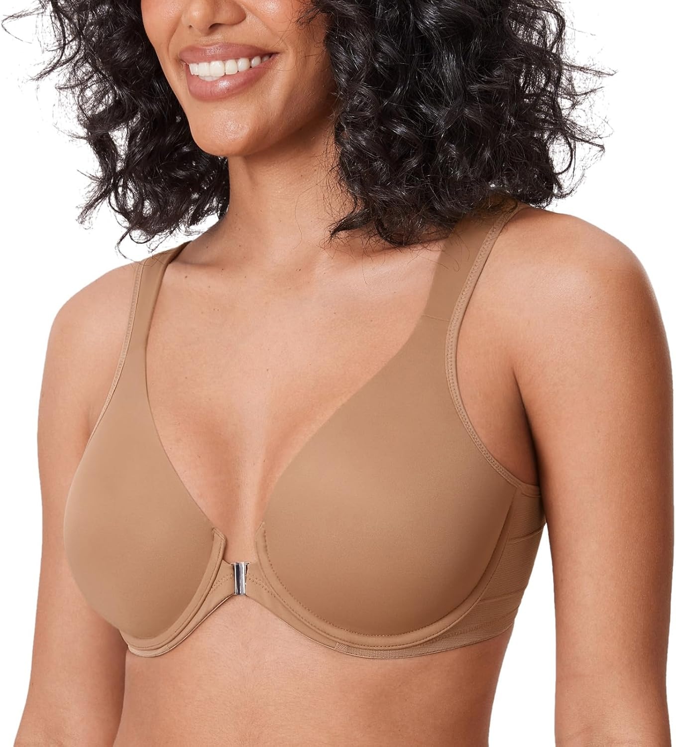 image:imageDELIMIRA Womens Front Closure Bras Posture Full Coverage Plus Size Underwire Unlined Back Support Plunge Seamless Bra BHGravel Beige