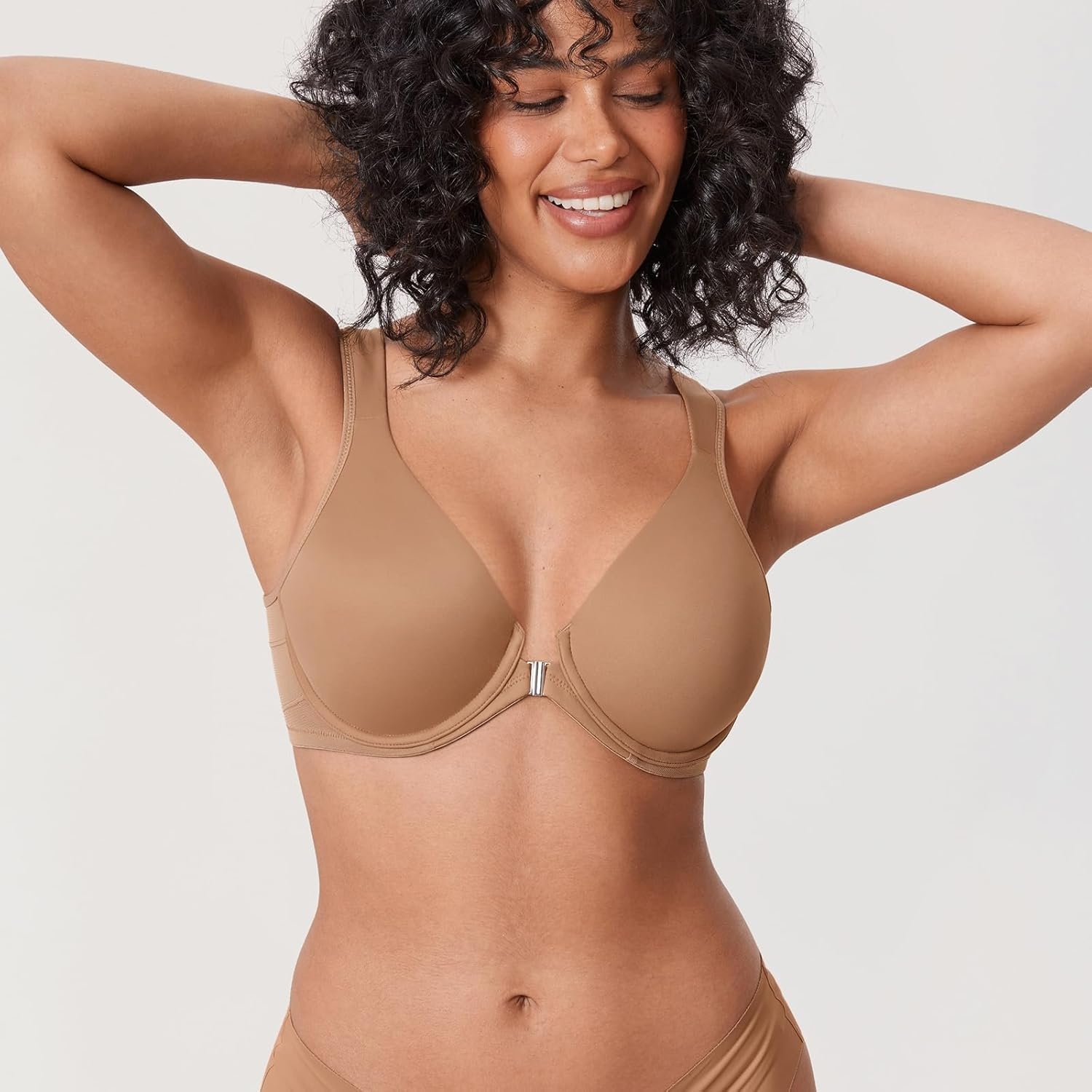 image:imageDELIMIRA Womens Front Closure Bras Posture Full Coverage Plus Size Underwire Unlined Back Support Plunge Seamless Bra BHGravel Beige
