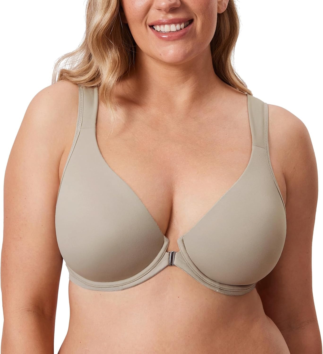 image:imageDELIMIRA Womens Front Closure Bras Posture Full Coverage Plus Size Underwire Unlined Back Support Plunge Seamless Bra BHLight Greenish Gray