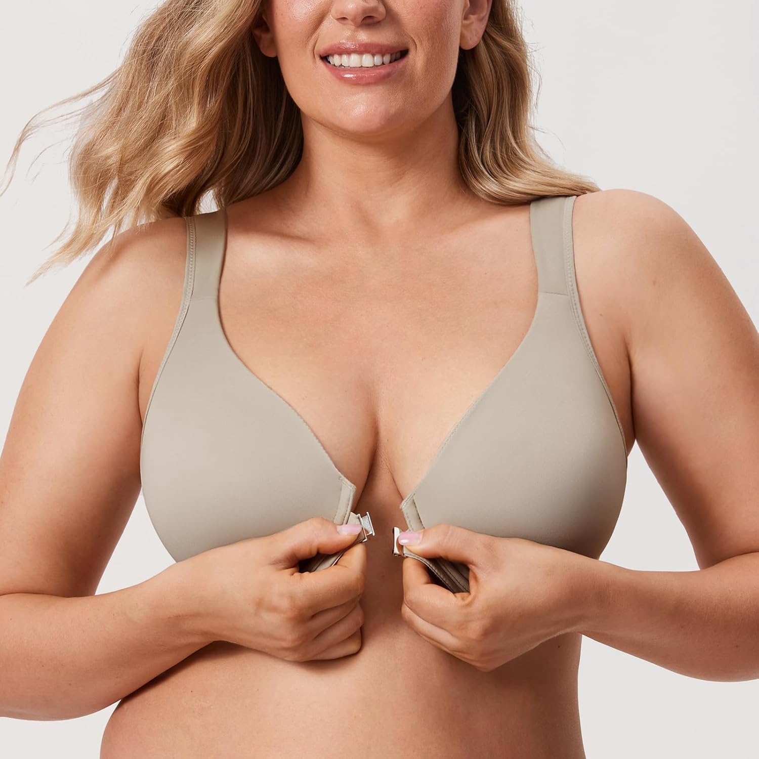image:imageDELIMIRA Womens Front Closure Bras Posture Full Coverage Plus Size Underwire Unlined Back Support Plunge Seamless Bra BHLight Greenish Gray